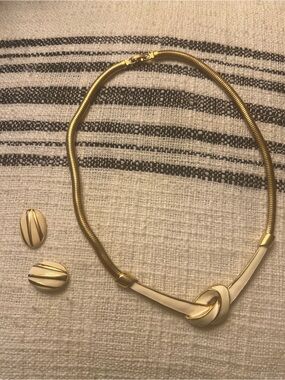 Gold and Cream Knot Statement Necklace with Matching Earrings